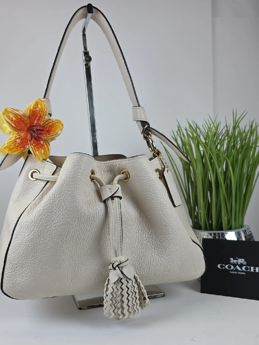 Coach Everly White Pebbled Leather Drawstring Shoulder Bag